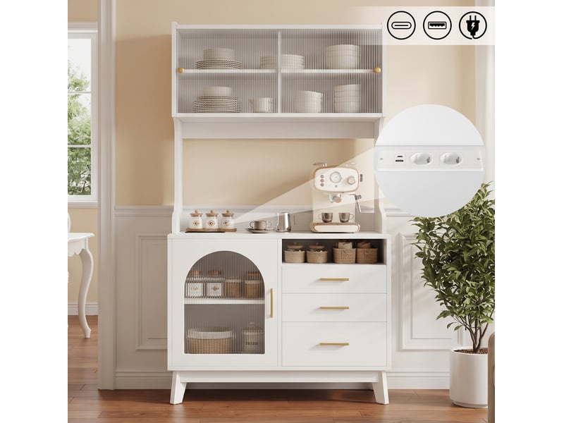  Buffet haut avec 3 portes, 3 tiroirs, prise double et ports usb pour salle à manger blanc 100,5 × 40 × 178 cm  - Conforama B
