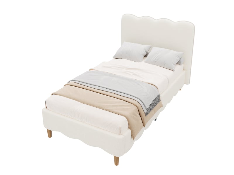  Lit enfant 90x200 cm, sommier à lattes et tête de lit rembourrée, en tissu, blanc, sans matelas  - Conforama A