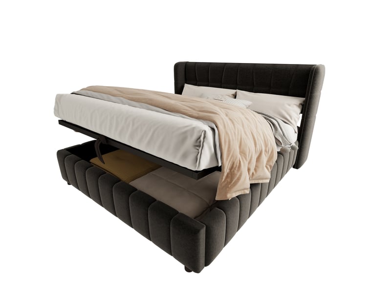  Lit coffre 180 x 200 cm avec sommier à lattes, cadre rembourré gris et métal  - Conforama A