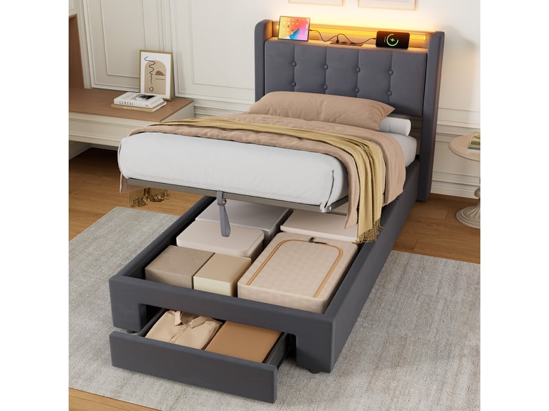 Lit coffre simple 90x200 cm avec led et tiroir, coloris gris - Conforama D