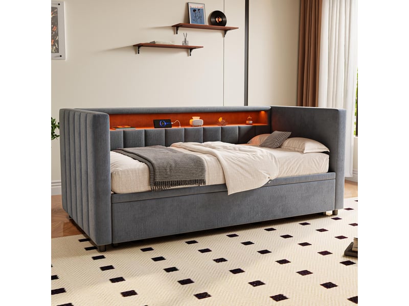  Lit gigogne 90x190cm - canapé lit banquette rembourré velours avec éclairage led, usb type-c &amp; rangement - gris  - Conforama B