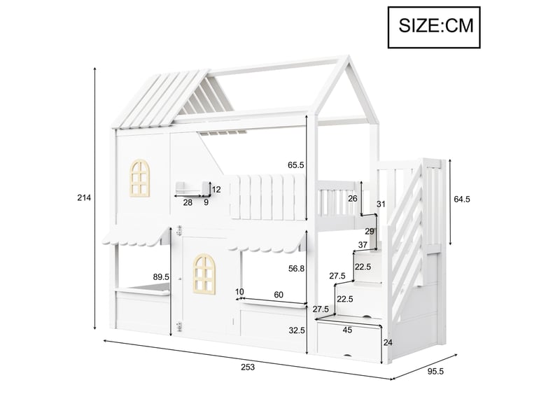 Lit superposé enfant 90 × 200 cm 1 place avec led, étagères et rangement, sans matelas, en bois, blanc - Conforama D