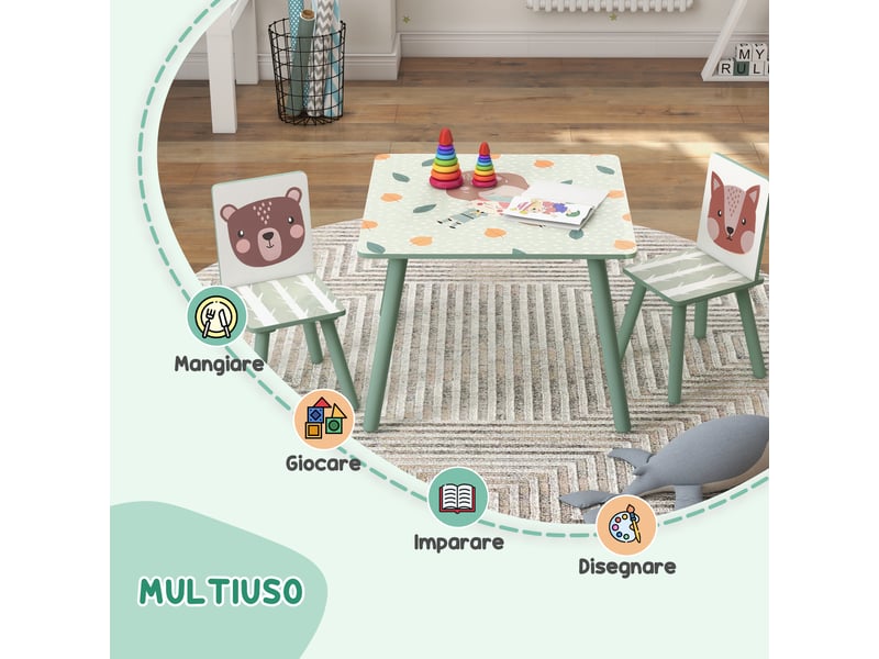  Ensemble table et chaises 3 pièces pour enfants de 3 à 8 ans, en mdf et pin, vert  - Conforama E