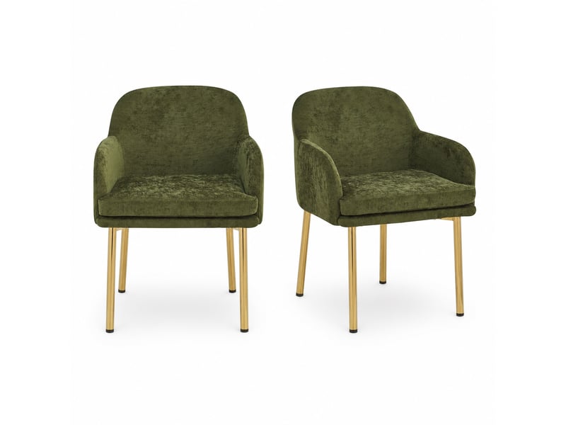  Lot de 2 chaises de salle à manger vertes avec accoudoirs, dossier ergonomique, pieds métal doré, patins réglables, charge 125 kg, modernes  - Conforama A