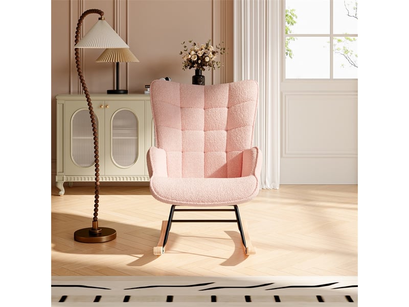  Fauteuil à bascule 68x78x98 cm - fauteuil en tissu bouclette peluche, dossier haut capitonné et pieds bois - rose  - Conforama D