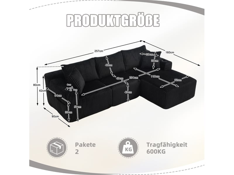 Canapé modulaire ulevr 3 places avec méridienne, velours côtelé noir, poches latérales et porte-gobelets, 257 x 160 cm - Conforama C
