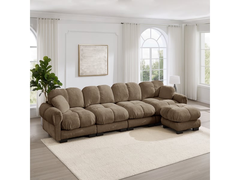  Canapé d’angle modulable 4 places avec ottomane mobile - lpospi - dossier ergonomique chenille marron  - Conforama B