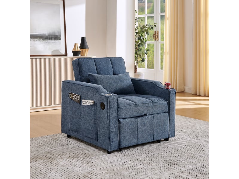  Fauteuil convertible 190 cm en bois et tissu 3-en-1 avec usb, usb-c et porte-gobelet bleu marine chicfurn  - Conforama D