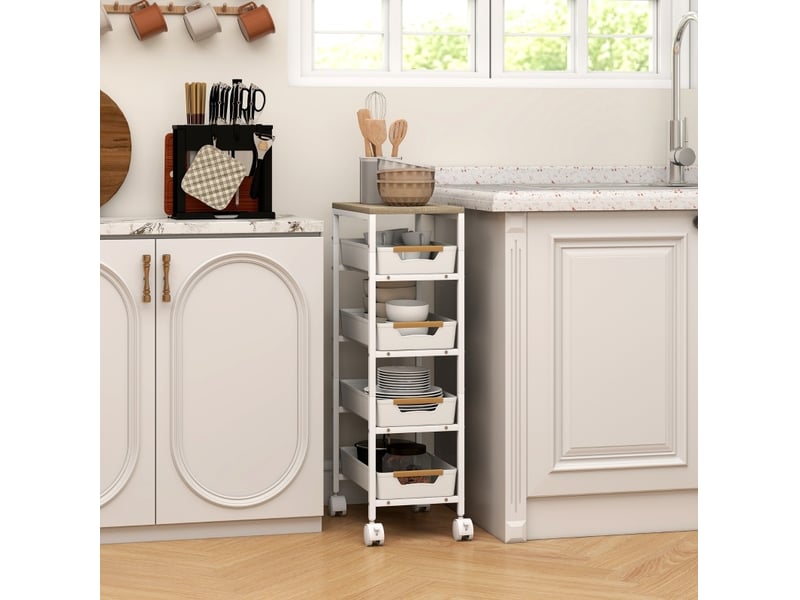  Desserte de cuisine 39,5 x 24 x 82 cm blanche en métal, 4 tiroirs et 4 roulettes verrouillables  - Conforama D