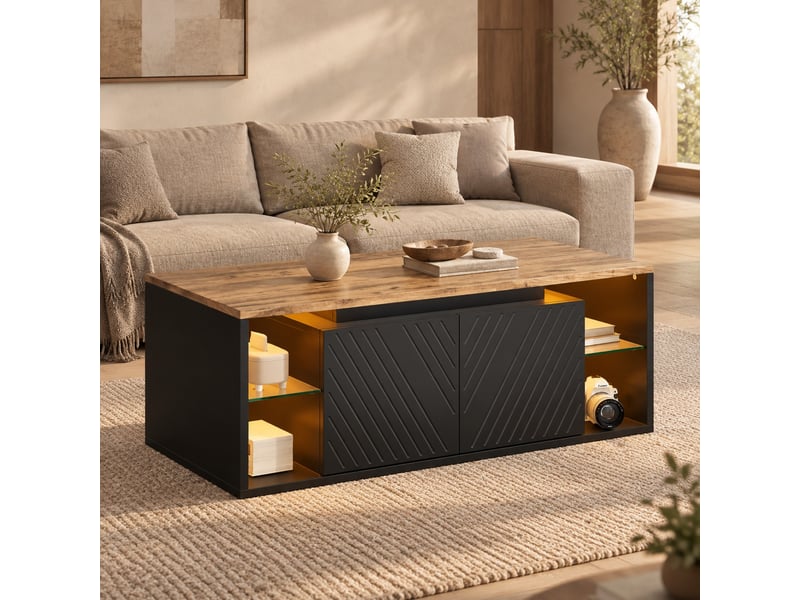  Table basse noire et décor bois 100 x 50 x 41 cm avec led, rangements semi-ouverts et 2 portes  - Conforama B
