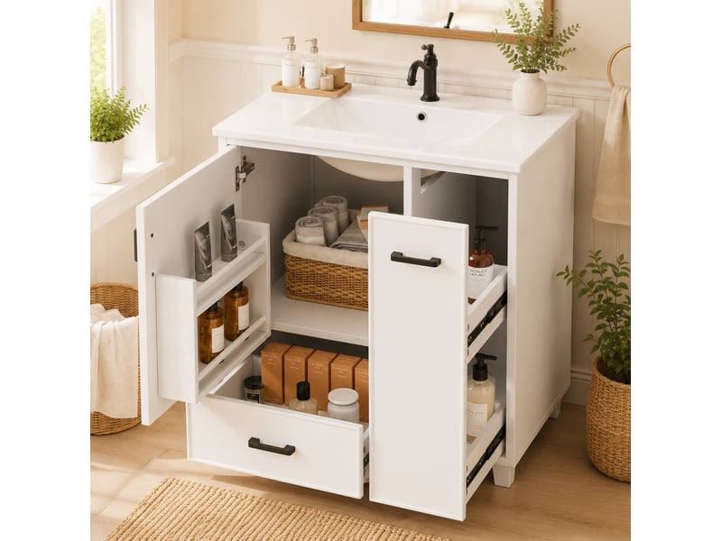  Meuble sous lavabo sur pied 76,5x47x82 cm avec vasque intégrée blanc  - Conforama D