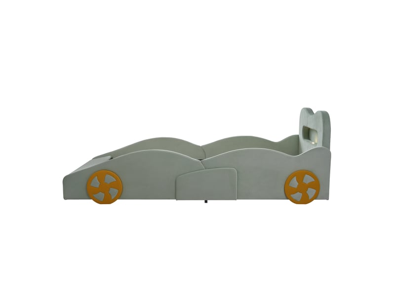 Lit voiture enfant vert 90 x 200 cm en flanelle, liseuse, prise, coffre de rangement - Conforama E
