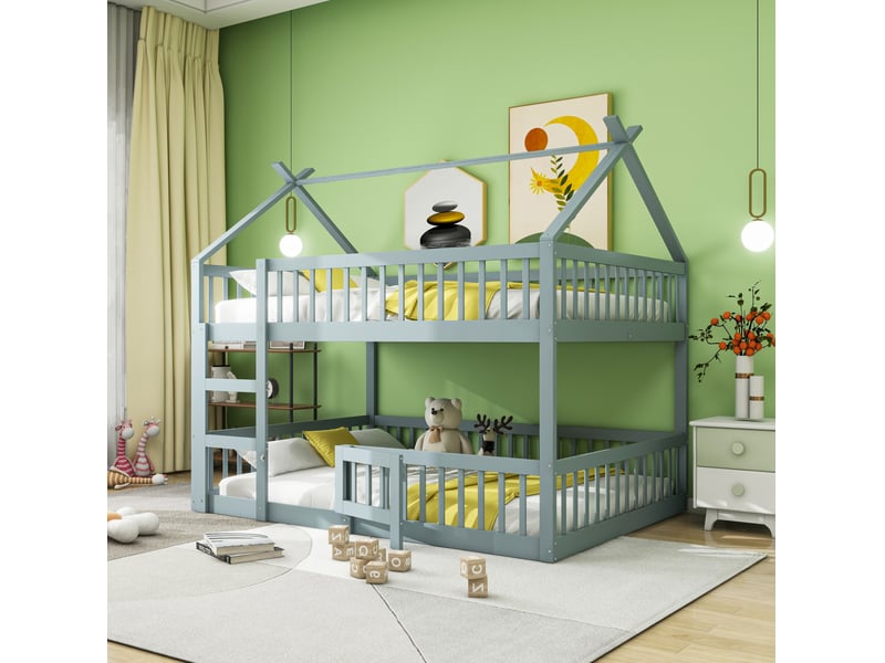  Lit superposé enfant 140x200 cm avec escalier et garde-corps bois gris sans matelas  - Conforama B