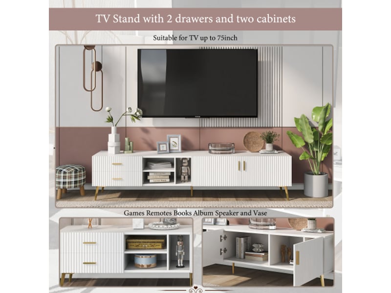  Meuble tv pour téléviseur 75 pouces - meubles bas meuble multimédia,console tv, meuble moderne console - blanc  - Conforama E