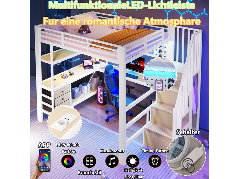  Lit mezzanine enfant métal 140 x 200 cm avec éclairage led  - 3 tiroirs- table - blanc ABC - Conforama D