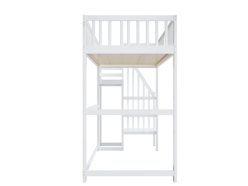  Lit mezzanine avec escalier, bois blanc, 90x200 cm, étagères et penderie intégrées  - Conforama D