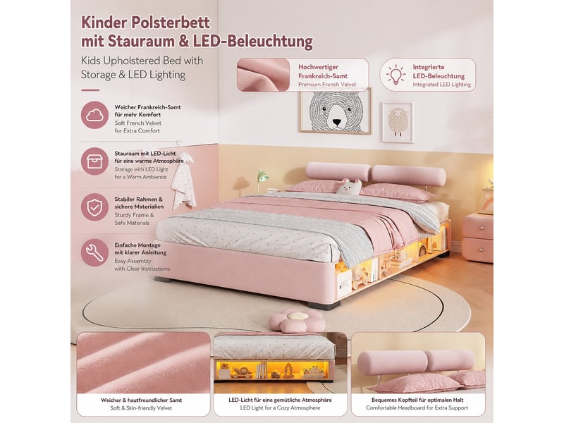  Lit enfant rose 140 × 200 cm en velours, rangement en tête de lit, structure basse, charge maximale 220 kg  - Conforama D