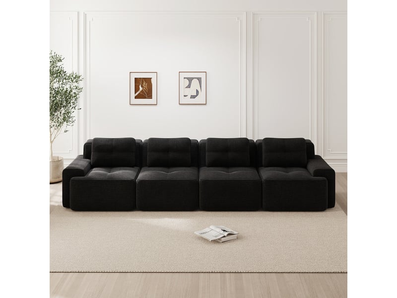  Canapé droit modulable 4 places, sans structure, assise profonde, sans montage, 382x104x69cm, noir, velours côtelé  - Conforama D