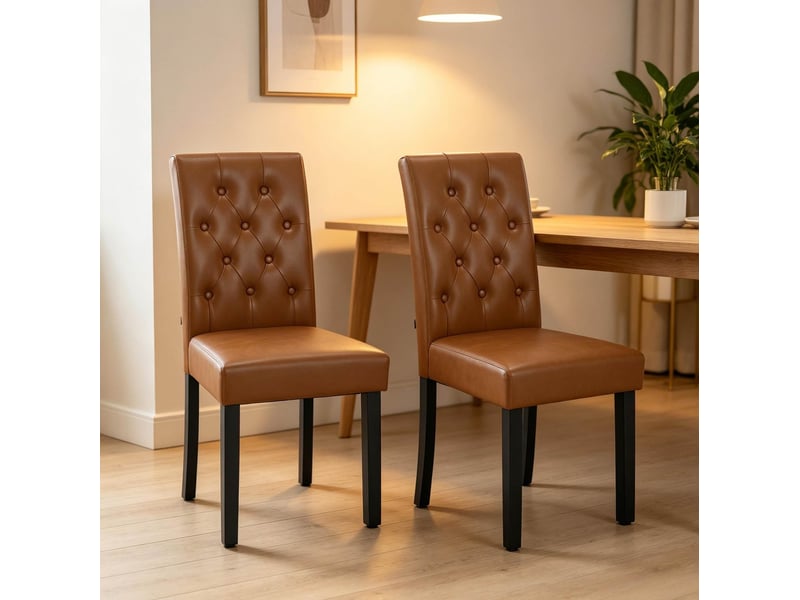  Lot de 2 chaises de salle à manger 49x99x42 cm marron en simili cuir et bois, dossier haut avec confort  - Conforama E