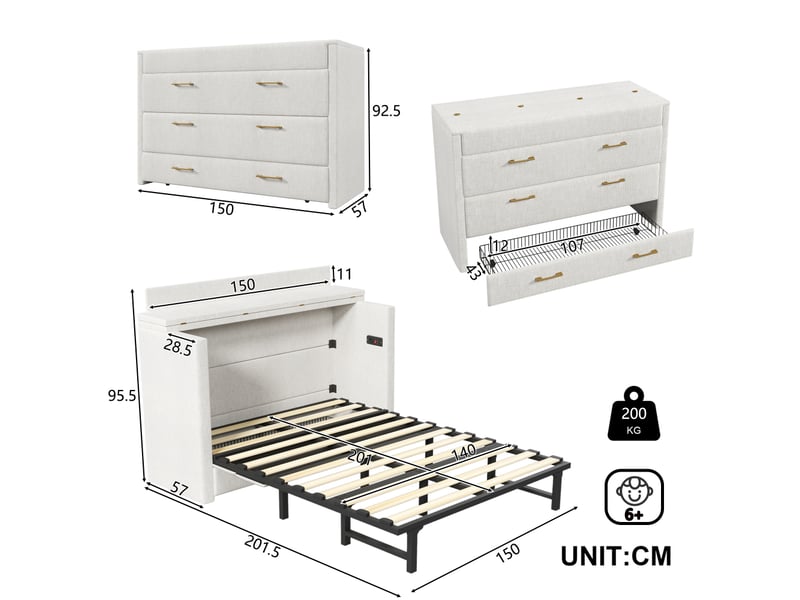  Lit escamotable 140 x 200 cm avec un tiroir, lit mobile avec compartiment de rangement, ports usb et type-c, lit plateforme convertible, sans matelas, lin, beige  - Conforama C