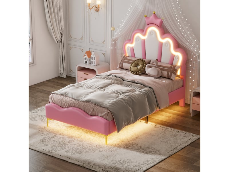  Lit enfant 90 × 200 cm 1 place avec led réglable et tête de lit rembourrée, sans matelas, en pu rose  - Conforama C