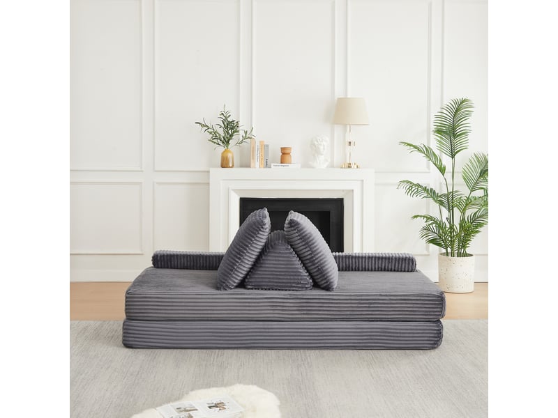 Canapé modulable convertible 211 cm en velours côtelé, canapé-lit avec 2 dossiers triangulaires, 2 coussins et 2 accoudoirs amovibles - gris - Conforama D