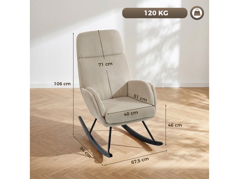  Fauteuil à bascule velours côtelé dossier haut accoudoirs beige  - Conforama E