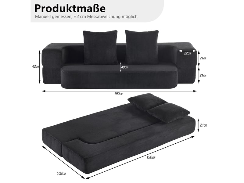  Canapé convertible 2 places 190x50x42 cm compressé et pliable, mousse douce, pratique, contemporain, pour salon, noir  - Conforama C