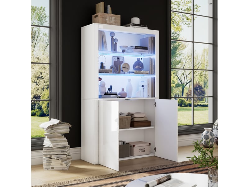 Vitrine led blanche laquée 100x35x170 cm meuble rangement salon verre trempé mdf moderne - Conforama W