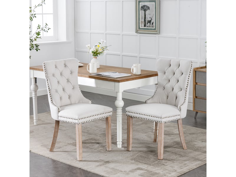  Conforama - lot de 2 chaises en bois massif capitonné beige lin et clouté haut de gamme  - Conforama B