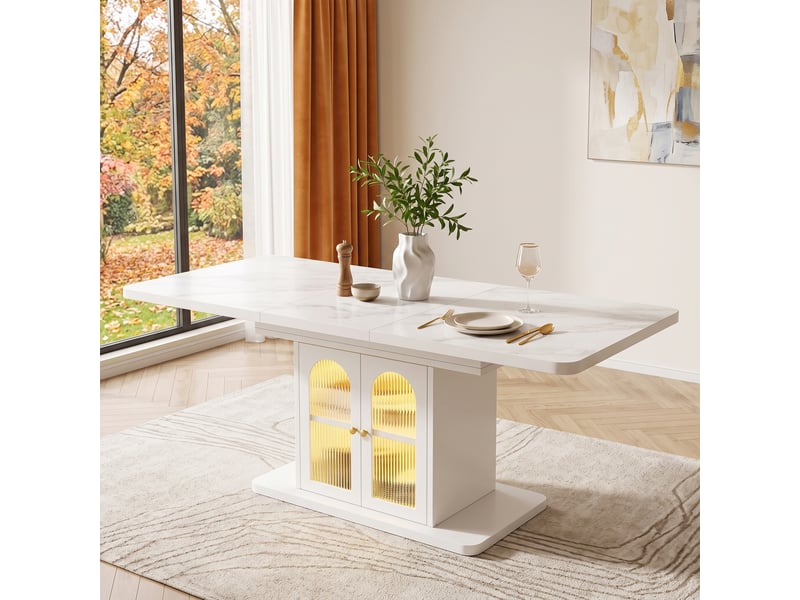  Table à manger extensible 150-200x80x76 cm pour 6-8 personnes avec rangement, plateau épais et led, style scandinave, mdf, blanc effet marbre  - Conforama B