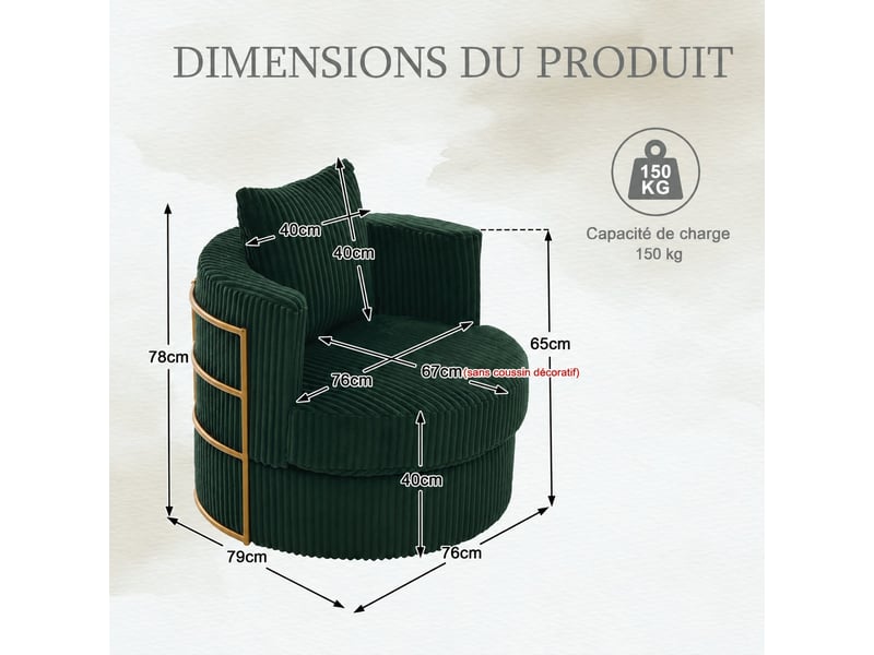  Lot de 2 fauteuils pivotants 360° en velours côtelé avec rangement, vert émeraude, 76 x 79 x 78 cm Fay Lum - Conforama C