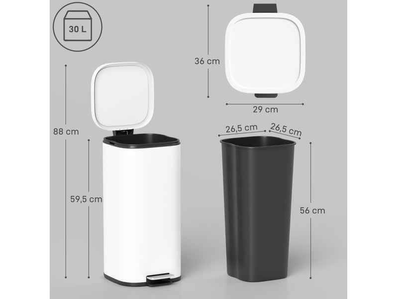  Poubelle de cuisine à pédale 30 l avec fermeture silencieuse homvra  - Conforama D