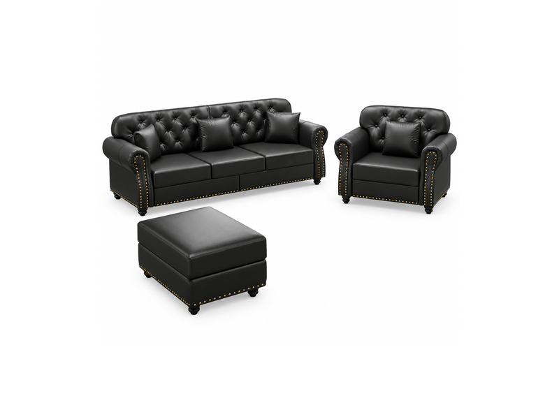  Ensemble canapés chesterfield 3 + 1 places avec pouf en simili noir, capitonné, accoudoirs roulés, ressorts ensachés 210X76X86cm - Conforama A