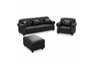 Ensemble canapés chesterfield 3 + 1 places avec pouf en simili noir, capitonné, accoudoirs roulés, ressorts ensachés