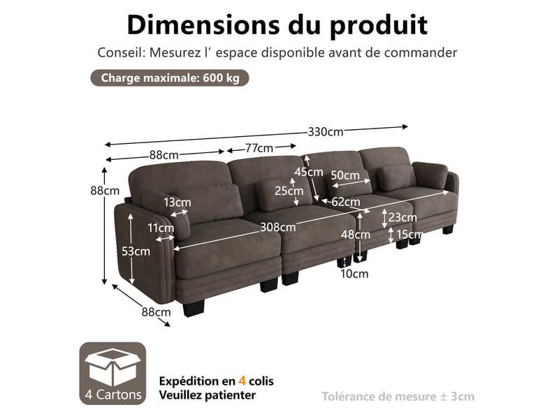 Canapé droit modulable 4 places 330x88x88 cm en chenille marron - Conforama C