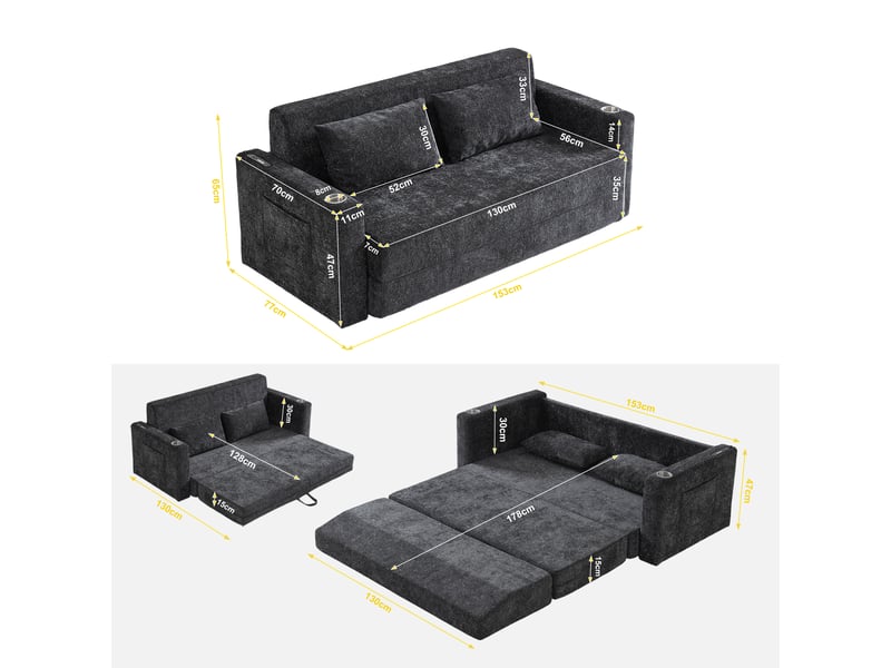 Canapé convertible, canapé-lit, 2 places, en tissu chenille, 2 en 1, usb, pour salon et séjour, adapté à l'espace de vie - Conforama W