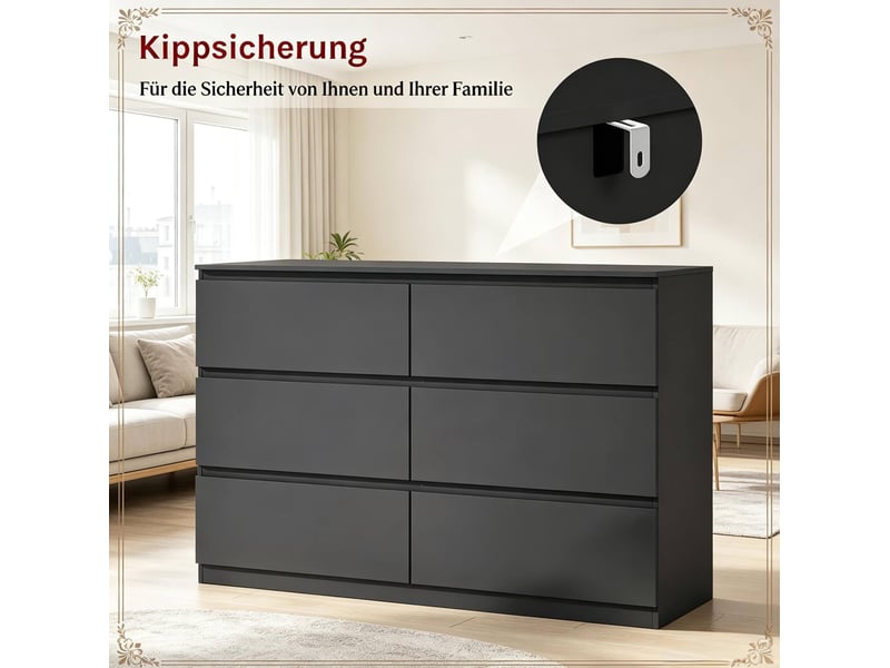 Commode moderne avec 6 tiroirs, pour salon chambre et entrée, en bois d'ingénierie, noir, 120 × 40 × 75 cm - Conforama E