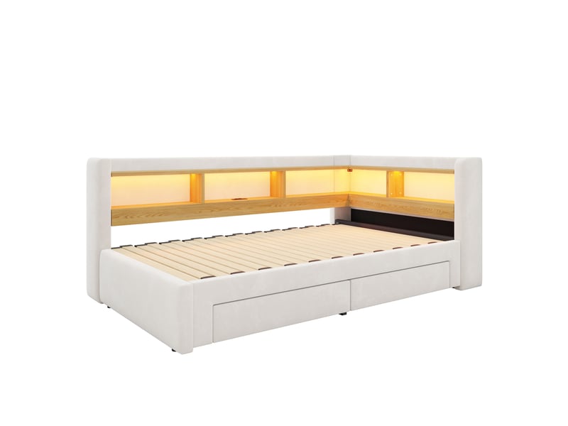  Canapé-lit 90x200 cm – avec lit gigogne – avec 2 tiroirs – avec éclairage led – avec prise électrique – beige (matelas non inclus)  - Conforama W