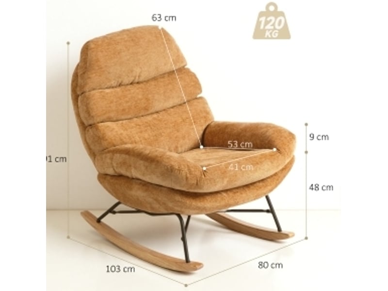  Fauteuil à bascule ulevr rembourré jaune, structure en acier thermolaqué et patins en bois, 80 x 103 x 91 cm  - Conforama E