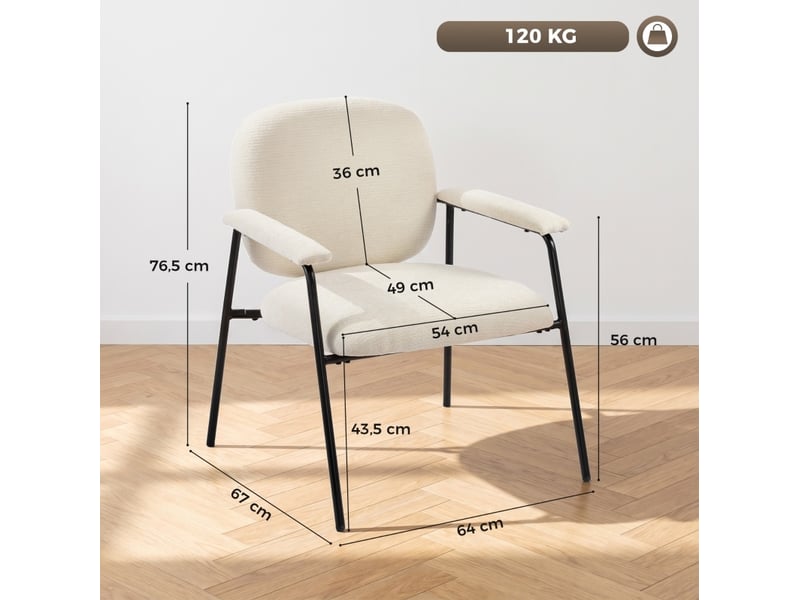  Fauteuil lot de 2 avec accoudoirs rembourrés et dossier profilé, structure en métal, chenille de polyester crème  - Conforama C