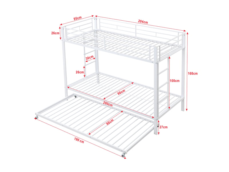  Lit superposé enfant 90 x 200 cm avec lit gigogne 90 x 190 cm, structure en métal blanc pour chambre partagée  - Conforama C