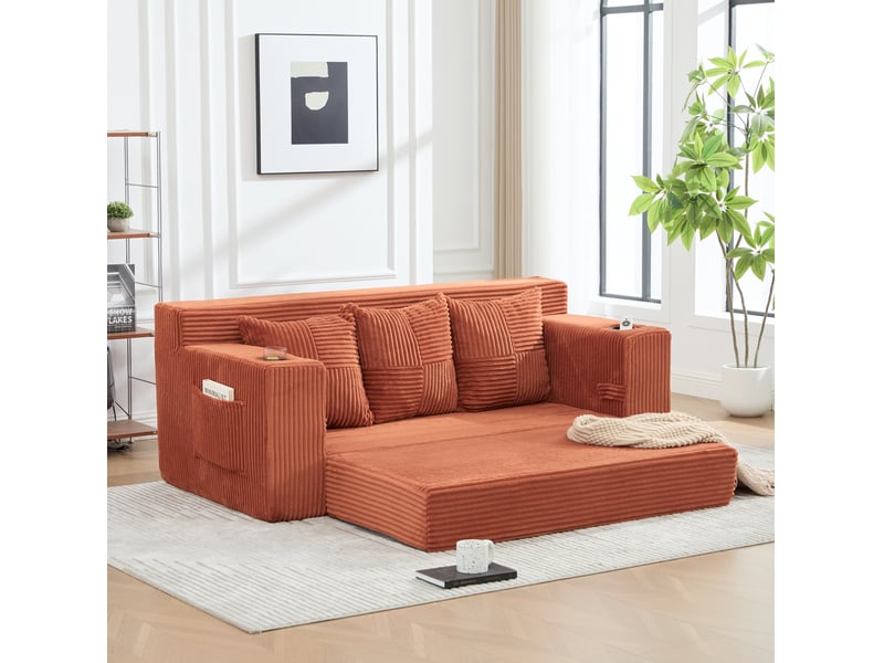  Canapé de sol modulable tcqpz 3 places 172 x 87 x 64 cm convertible orange en velours côtelé  - Conforama E