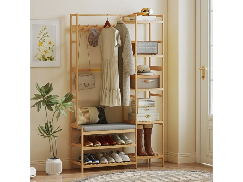  Meuble d'entrée en bambou, vestiaire d'entrée, banc, assise rembourrée, 10 crochets, tringle, 104x33x175cm, naturel  - Conforama B