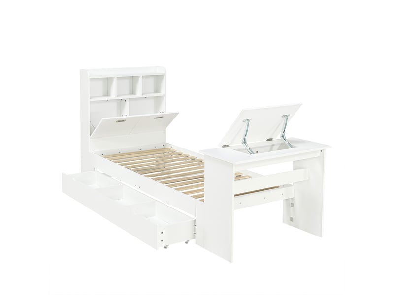  Lit adolescent avec rangement 90x200 cm, étagère tête de lit et table pliante, blanc  - Conforama D