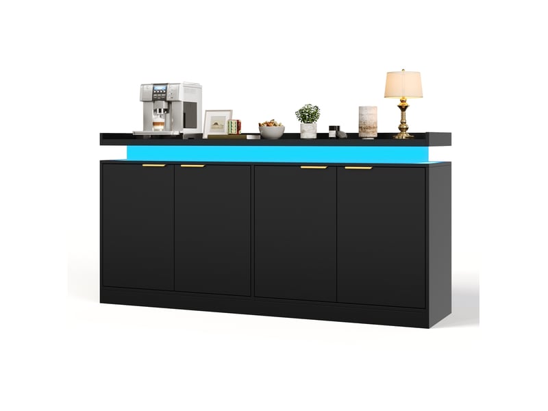  Buffet et enfilade led avec 4 portes et étagères ouvertes, mdf noir, pour cuisine et salle à manger, 160 × 39 × 83 cm  - Conforama A