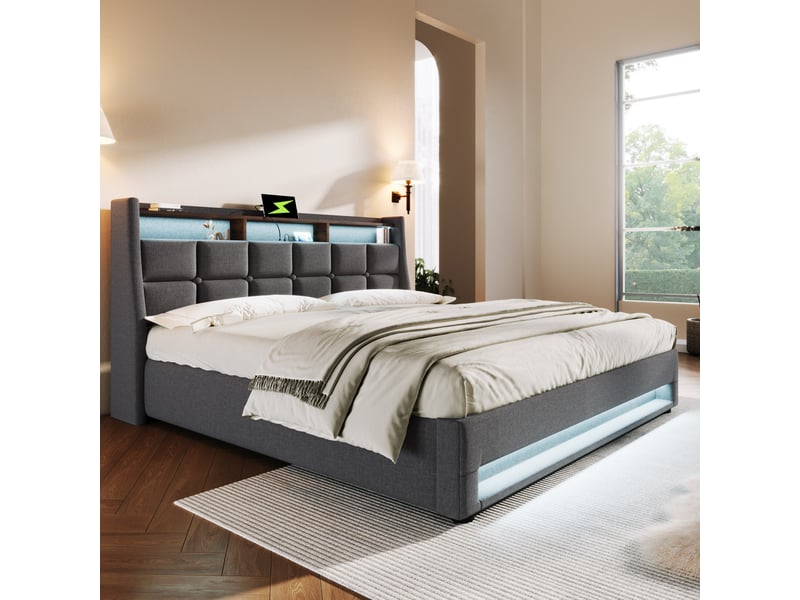  Lit coffre 180x200 cm, rangement hydraulique, éclairage led, usb, sommier à lattes, style vintage, gain de place pour chambre - gris  - Conforama E