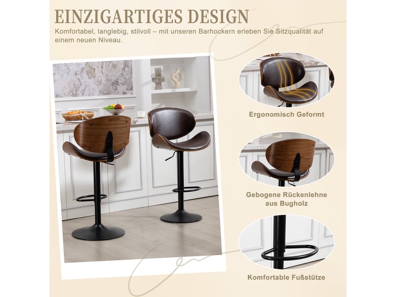 Tabourets de bar lot de 2 pivotants 360° réglables en hauteur - lpospi - dossier ergonomique, bois courbé, simili cuir marron  - Conforama E