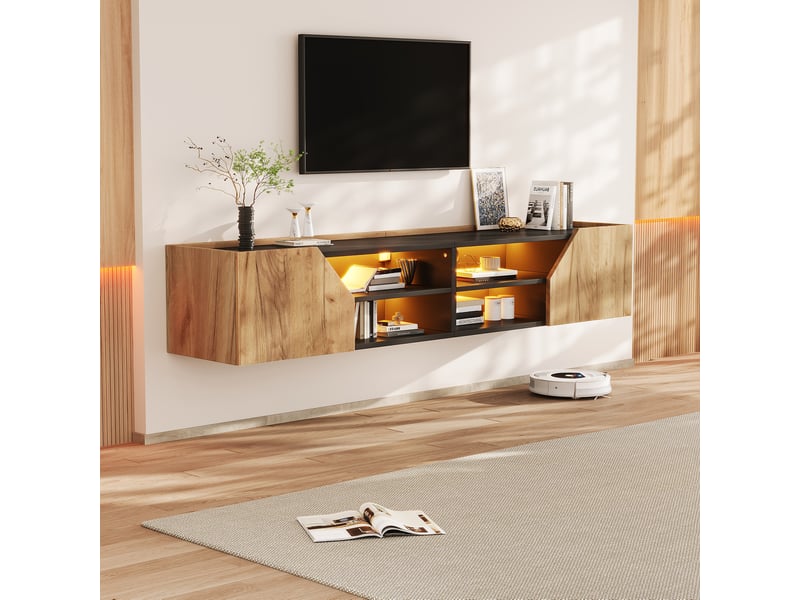 Meuble tv mural 180x36,5x40 cm avec éclairage led bluetooth, 2 portes, 6 rangements, pour tv jusqu'à 75 pouces, mdf - noir + naturel - Conforama D