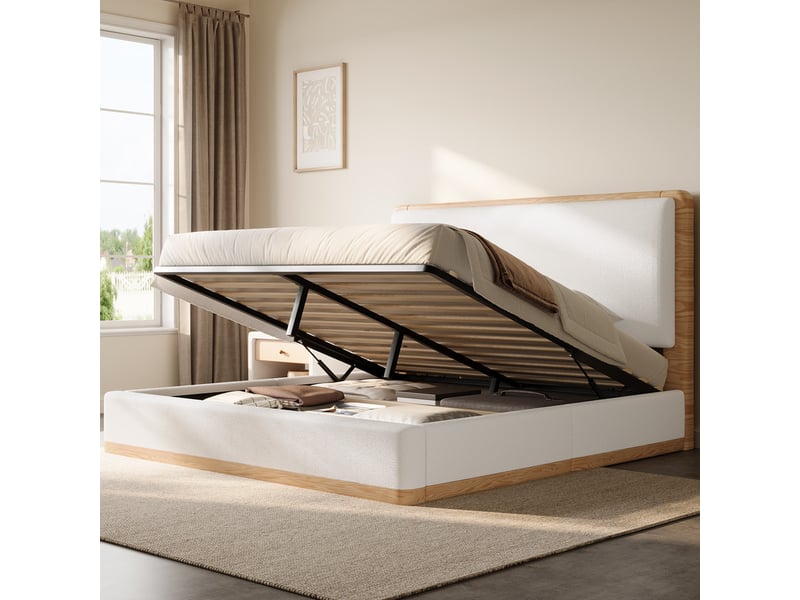 Lit coffre rembourré 180x200 cm - rangement coffre - tête de lit rembourrée et sommier à lattes - mdf - blanc+naturel (sans matelas) - Conforama R
